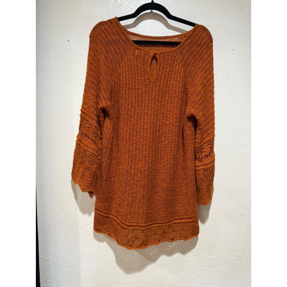 LC Lauren Conrad Womens XL Burnt Orange Pointelle Lace Bell Sleeve Knit Sweater - Picture 2 of 7